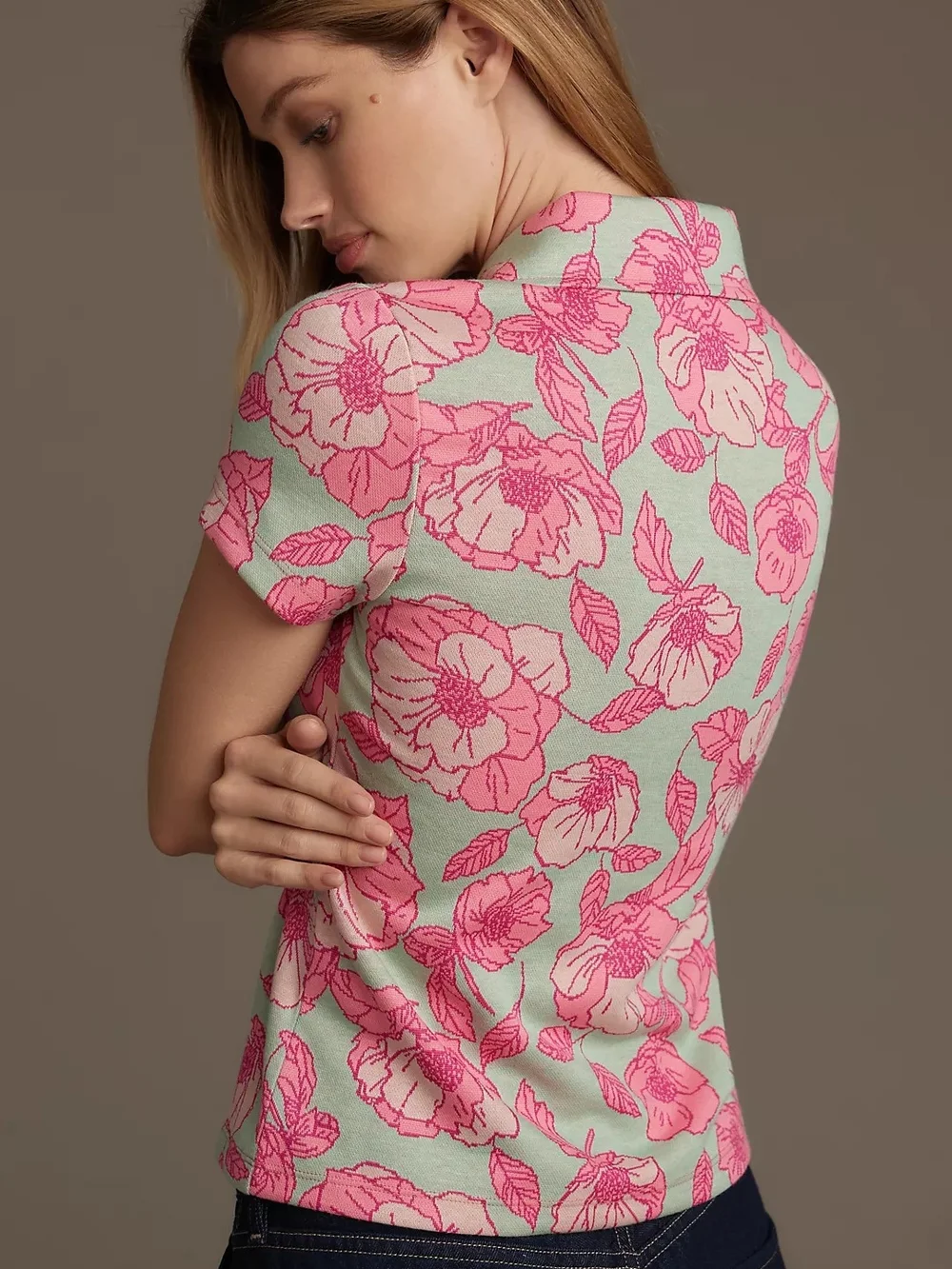 Anthropologie Maeve Retro Short-Sleeve Floral Jacquard Top Pink XXS